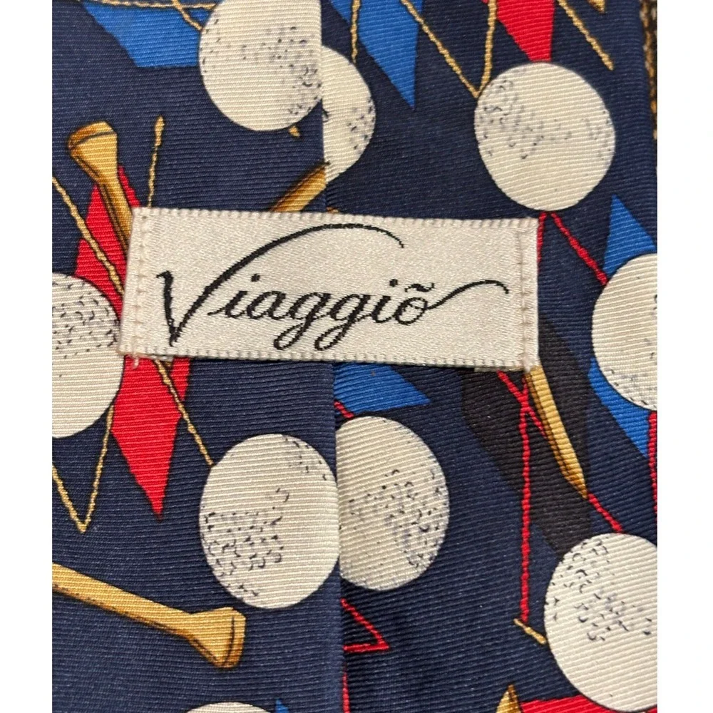 Viaggio‎ Mens Vintage Silk Tie Golf Ball Tee Navy Blue Red Novelty Sport Print